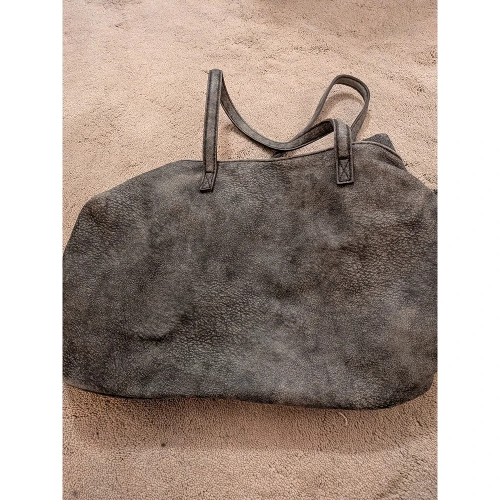 Free People Distressed Charcoal Grey Vegan Leather Tote Bag with Pouch Slouchy
